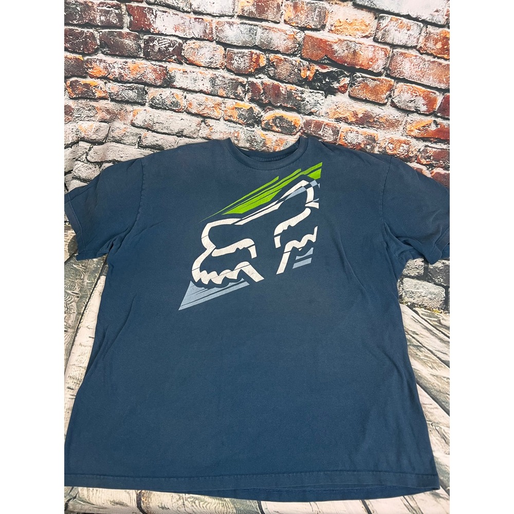 Fox Racing Mens XXL Graphic T-Shirt Faded Navy Blue Fox Head Logo Cotton Tee